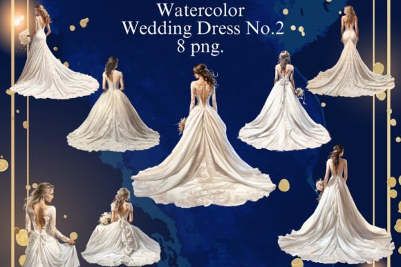 Elegant Watercolor Wedding Bride Dress Clipart for Designers